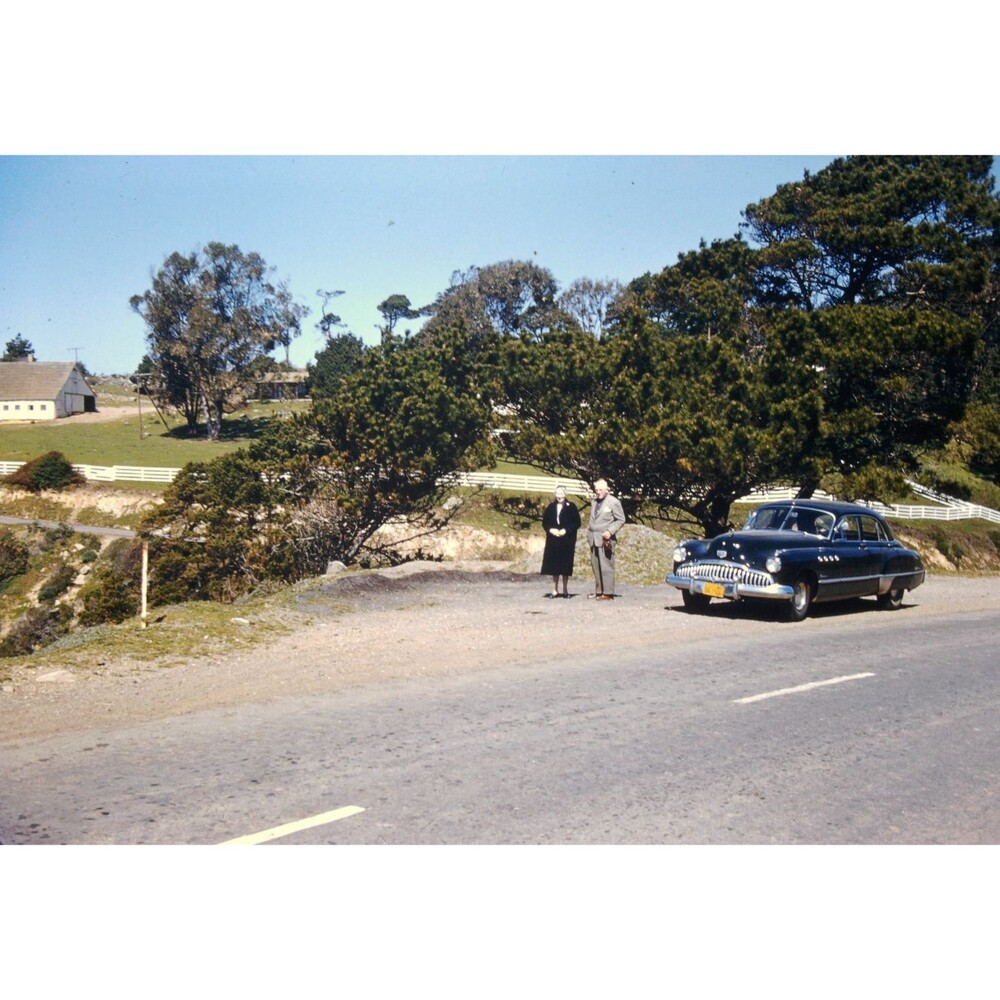 Kodak Slide 35mm 1950s Red Border, Couple standing by 1949 Buick Roadmaster